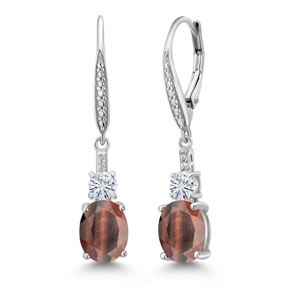 Gem Stone King 925 Sterling Silver Gemstone Birthstone, White Moissanite and Lab Grown Diamond Drop Dangle Earrings for Women | Oval 9X7MM, Round 4MM and 1MM Accents | Elegant Leverback Closure