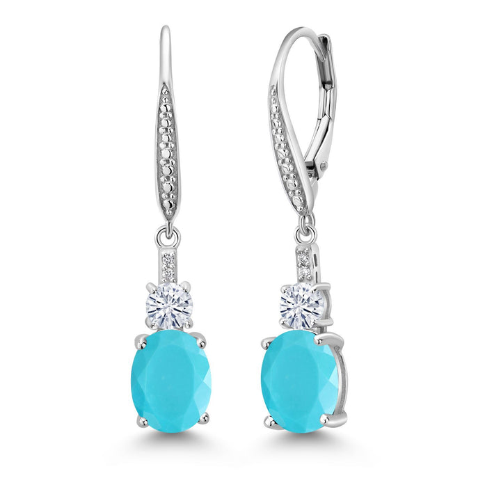 Gem Stone King 925 Sterling Silver Gemstone Birthstone, White Moissanite and Lab Grown Diamond Drop Dangle Earrings for Women | Oval 9X7MM, Round 4MM and 1MM Accents | Elegant Leverback Closure