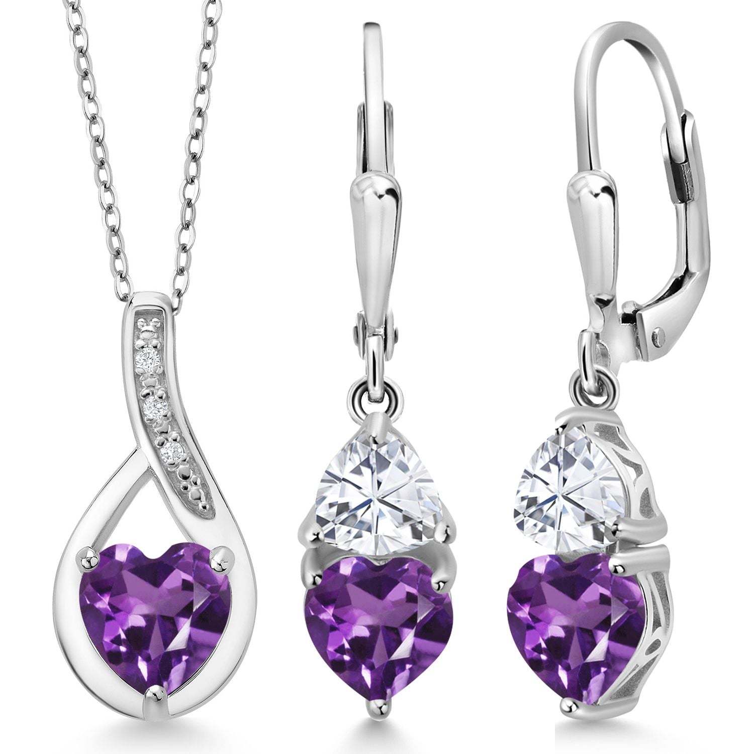 925 Sterling Silver Purple Amethyst and White Moissanite Pendant Earrings Set For Women (3.44 Cttw, Gemstone February Birthstone, with 18 Inch Chain)