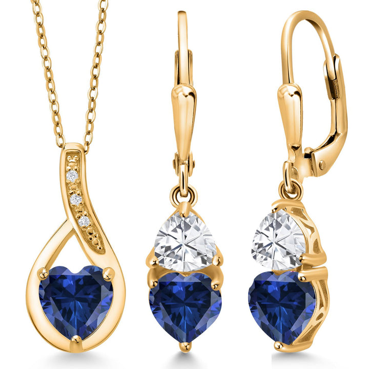 18K Yellow Gold Plated Silver Blue Created Sapphire Pendant Earrings Set For Women (4.24 Cttw, Gemstone September Birthstone, with 18 Inch Chain)