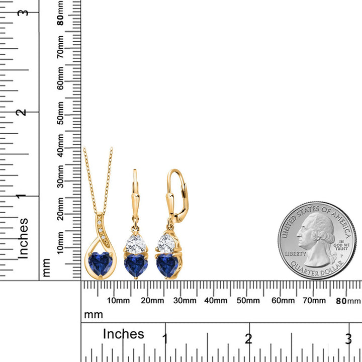 18K Yellow Gold Plated Silver Blue Created Sapphire Pendant Earrings Set For Women (4.24 Cttw, Gemstone September Birthstone, with 18 Inch Chain)