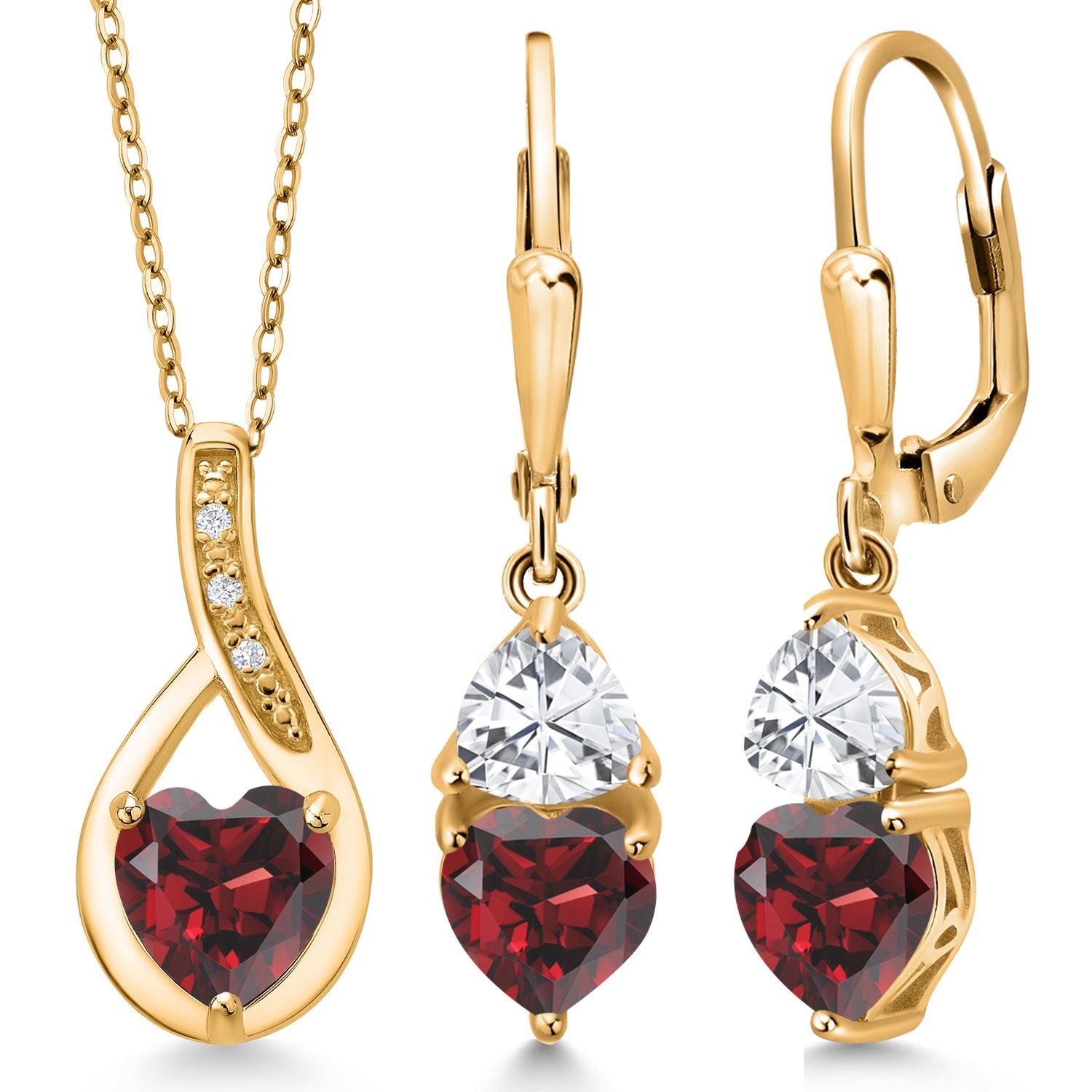 18K Yellow Gold Plated Silver Red Garnet Pendant Earrings Set For Women (4.84 Cttw, Gemstone January Birthstone, with 18 Inch Chain)