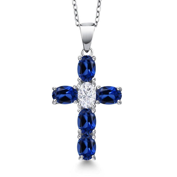 925 Sterling Silver Blue Created Sapphire and White Moissanite Cross Pendant Necklace for Women | 3.50 Cttw | Gemstone September Birthstone | Oval 6X4MM | With 18 Inch Chain