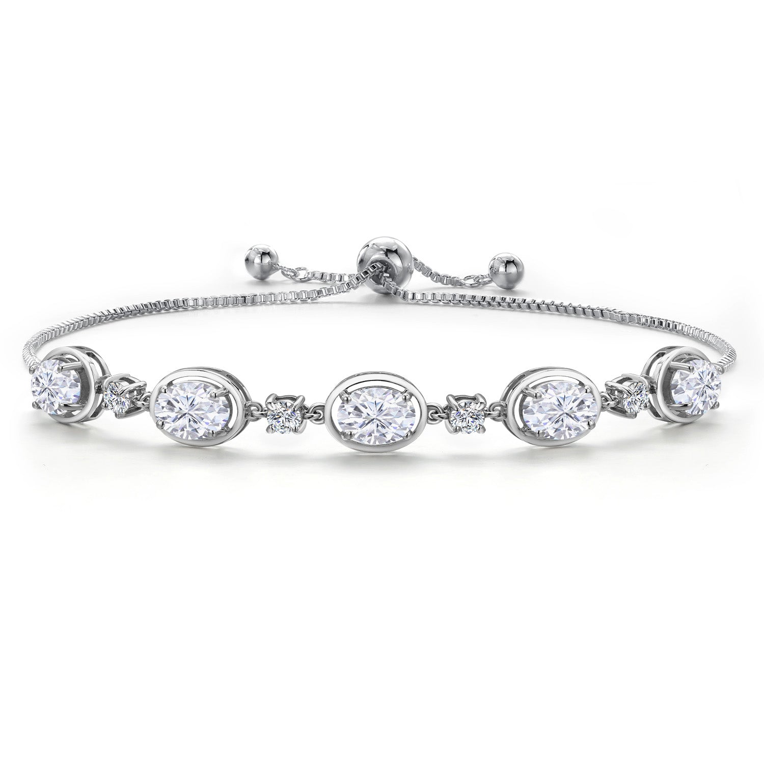 925 Sterling Silver White Moissanite Bracelet For Women | 4.50 Cttw | Oval 7X5MM | Bollo Bracelet | Fully Adjustable Up to 9 Inch | Easy-On Easy-Off