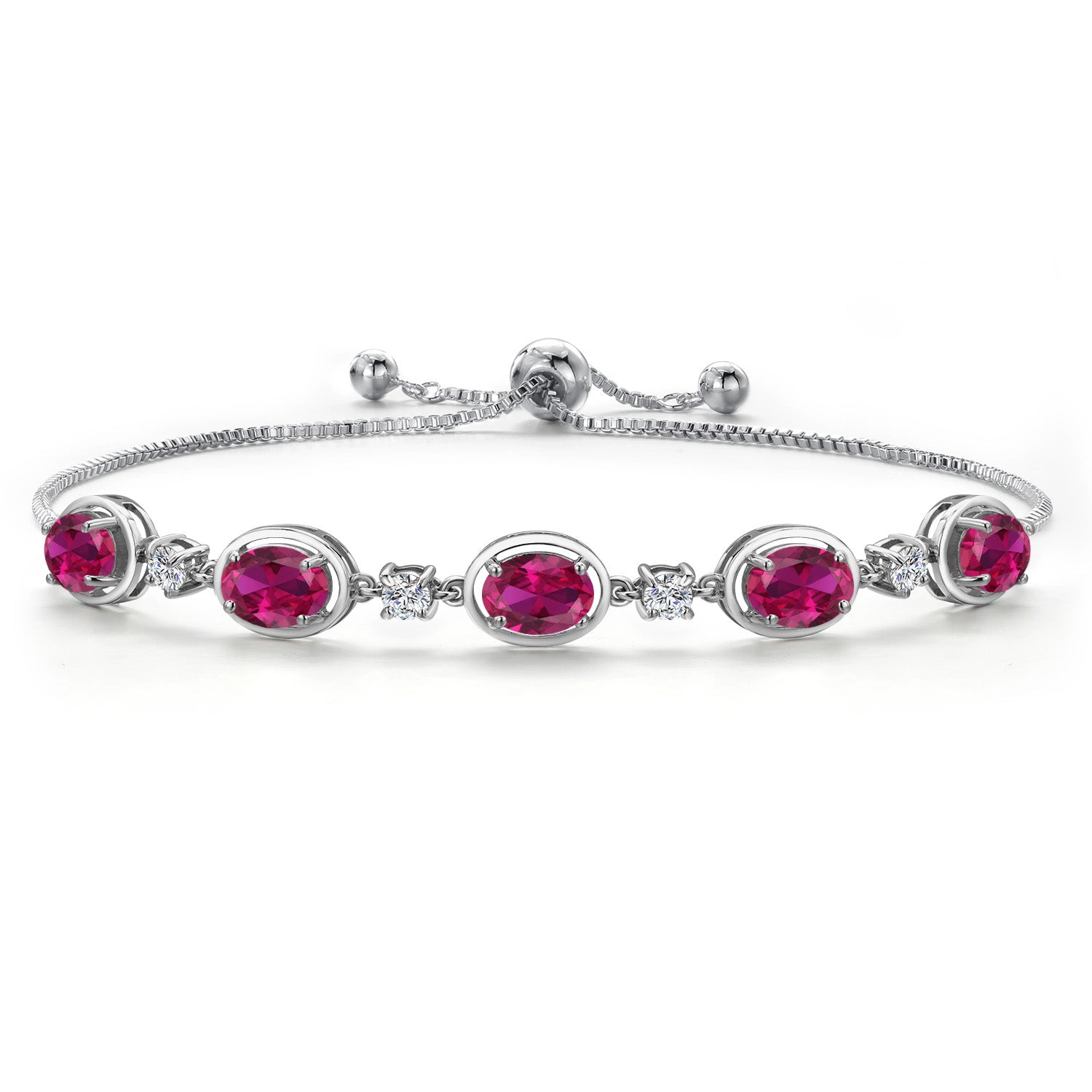 925 Sterling Silver Red Created Ruby Bracelet For Women | 4.25 Cttw | Oval 7X5MM | Bollo Bracelet | Fully Adjustable Up to 9 Inch | Easy-On Easy-Off