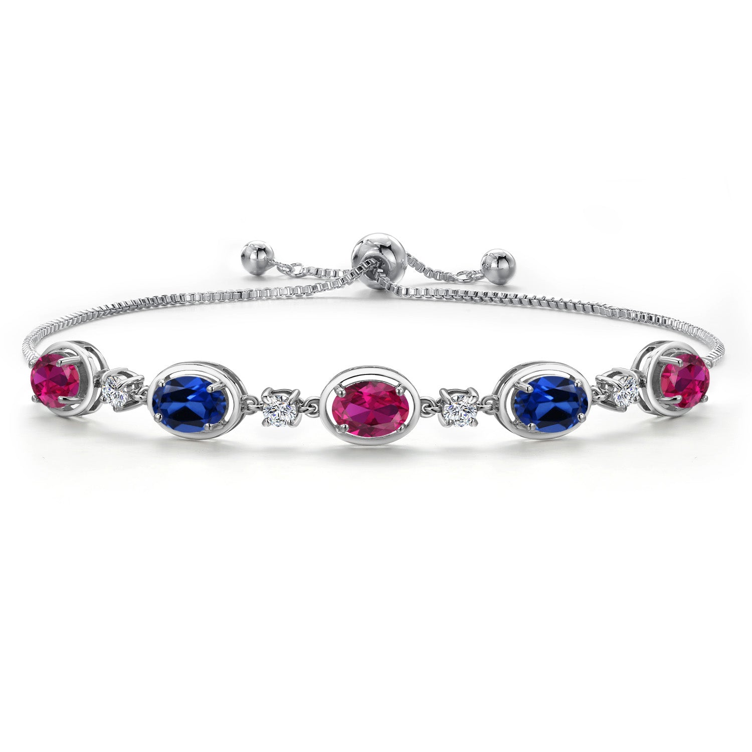 925 Sterling Silver Red Created Ruby and Blue Created Sapphire Bracelet For Women | 4.55 Cttw | Oval 7X5MM | Bollo Bracelet | Fully Adjustable Up to 9 Inch | Easy-On Easy-Off