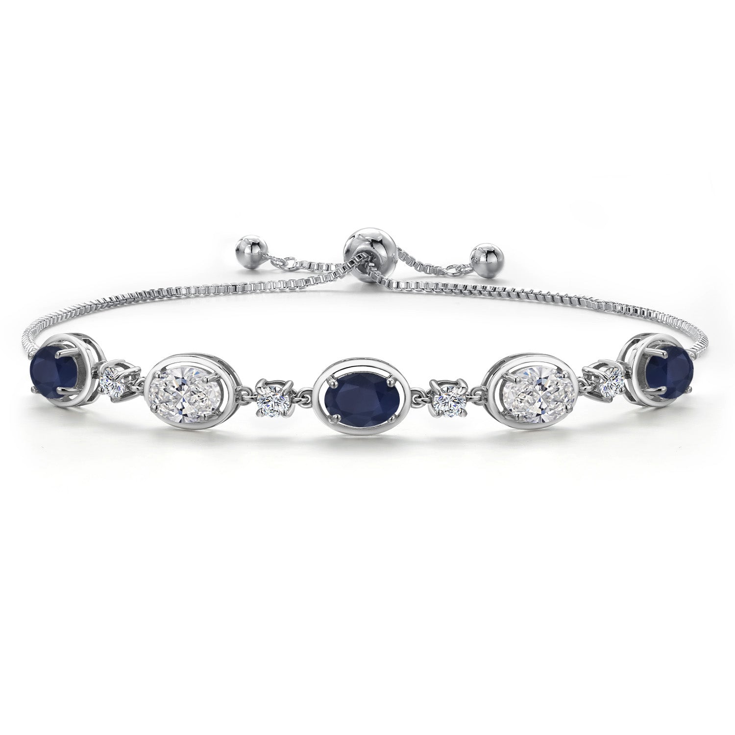 4.40 Cttw Blue Sapphire and White Lab Grown Diamond Bracelet For Women In 925 Sterling Silver | Gemstone September Birthstone | Oval 7X5MM | Fully Adjustable 9 Inch