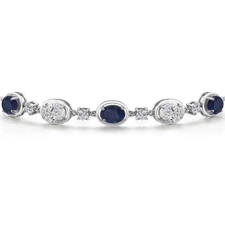 4.40 Cttw Blue Sapphire and White Lab Grown Diamond Bracelet For Women In 925 Sterling Silver | Gemstone September Birthstone | Oval 7X5MM | Fully Adjustable 9 Inch