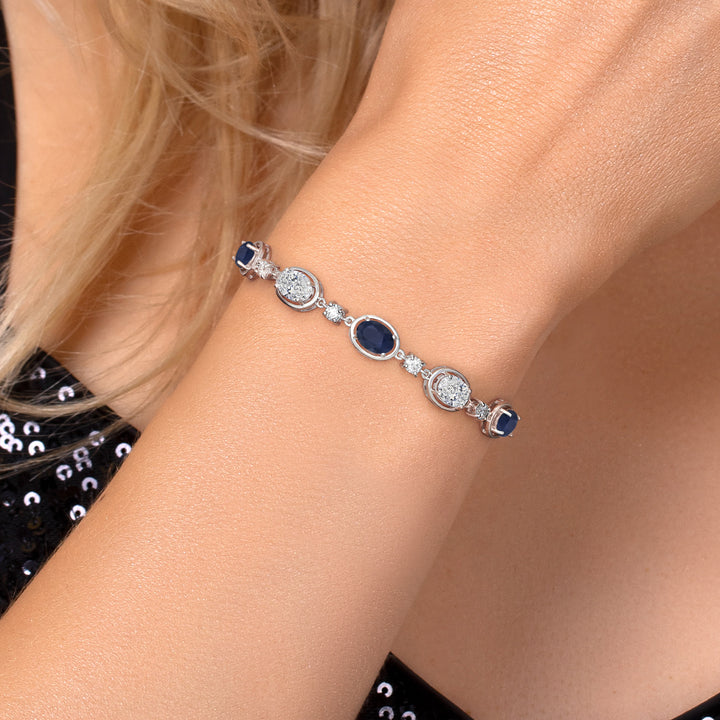 4.40 Cttw Blue Sapphire and White Lab Grown Diamond Bracelet For Women In 925 Sterling Silver | Gemstone September Birthstone | Oval 7X5MM | Fully Adjustable 9 Inch