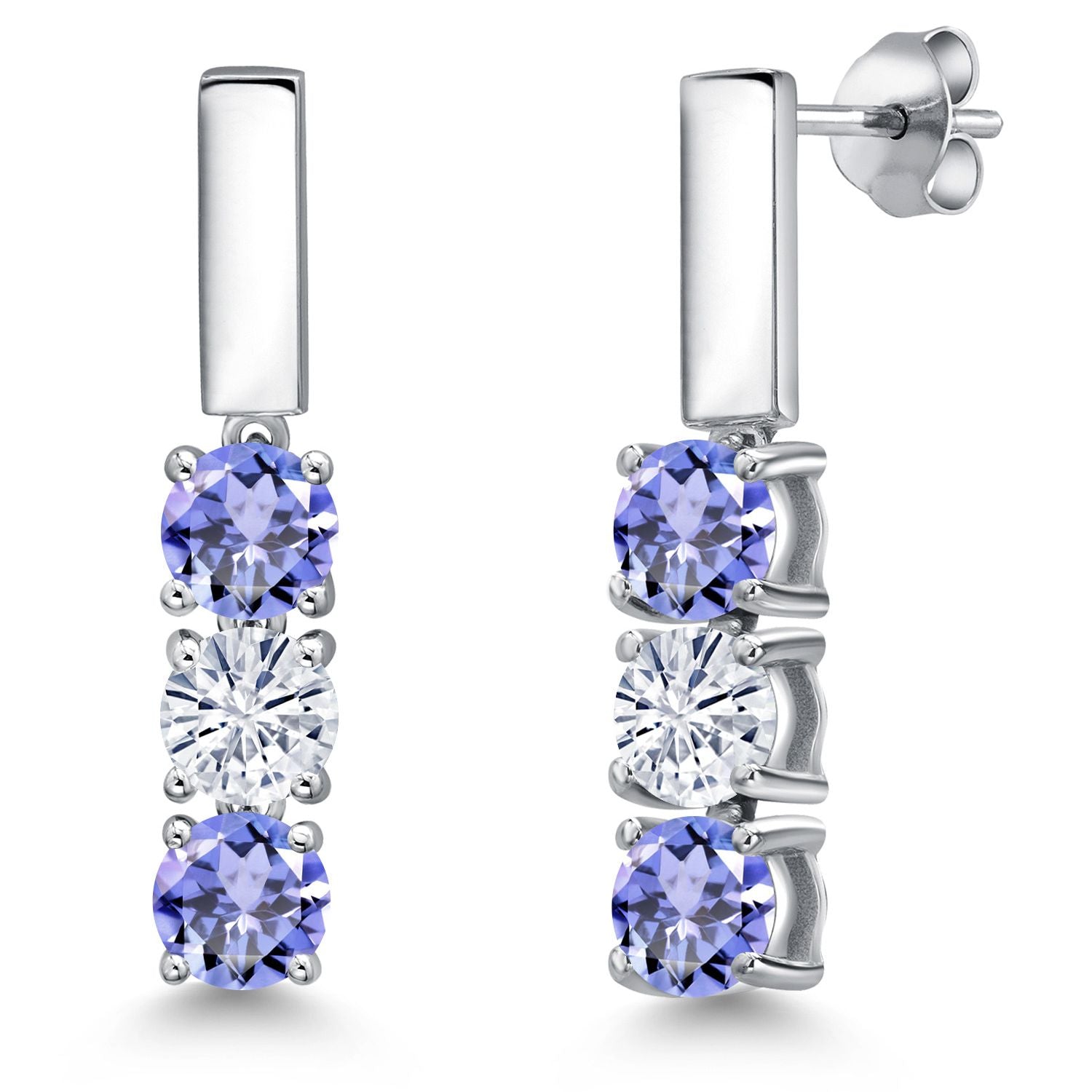 925 Sterling Silver Blue Tanzanite and White Moissanite Drop Dangle Earrings For Women | 1.42 Cttw | Gemstone December Birthstone | Round 5MM