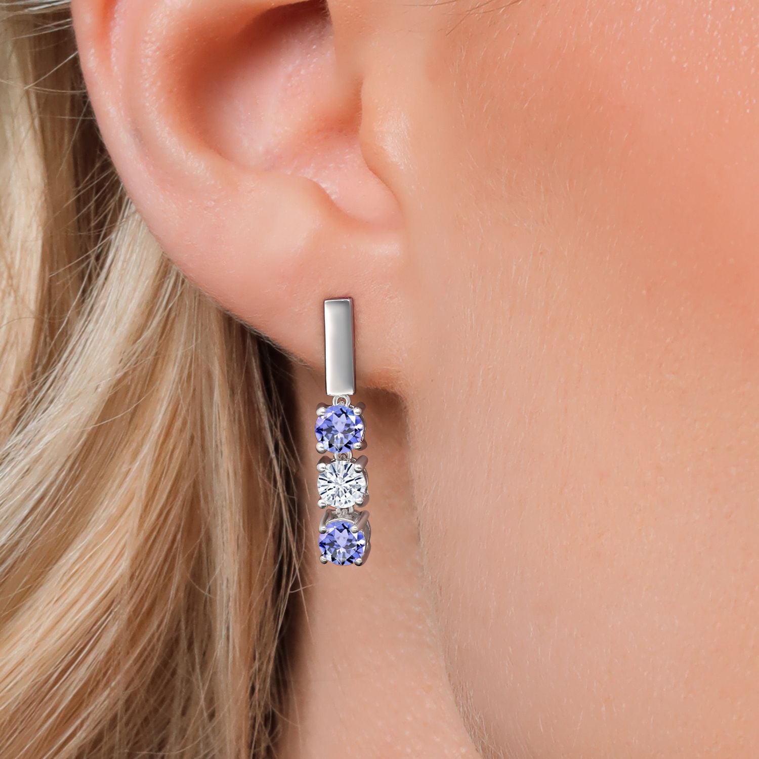 925 Sterling Silver Blue Tanzanite and White Moissanite Drop Dangle Earrings For Women | 1.42 Cttw | Gemstone December Birthstone | Round 5MM