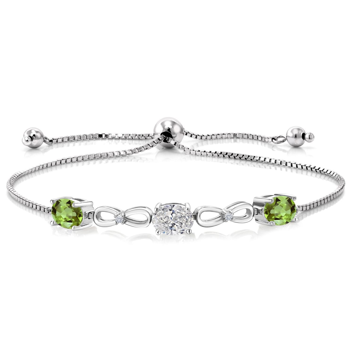 925 Sterling Silver Lab Grown Diamond and Green Peridot Bracelet For Women | 2.80 Cttw | Gemstone Birthstone | Oval 7X5MM | Adjustable Bolo Bracelet For Women | Easy-On Easy-Off