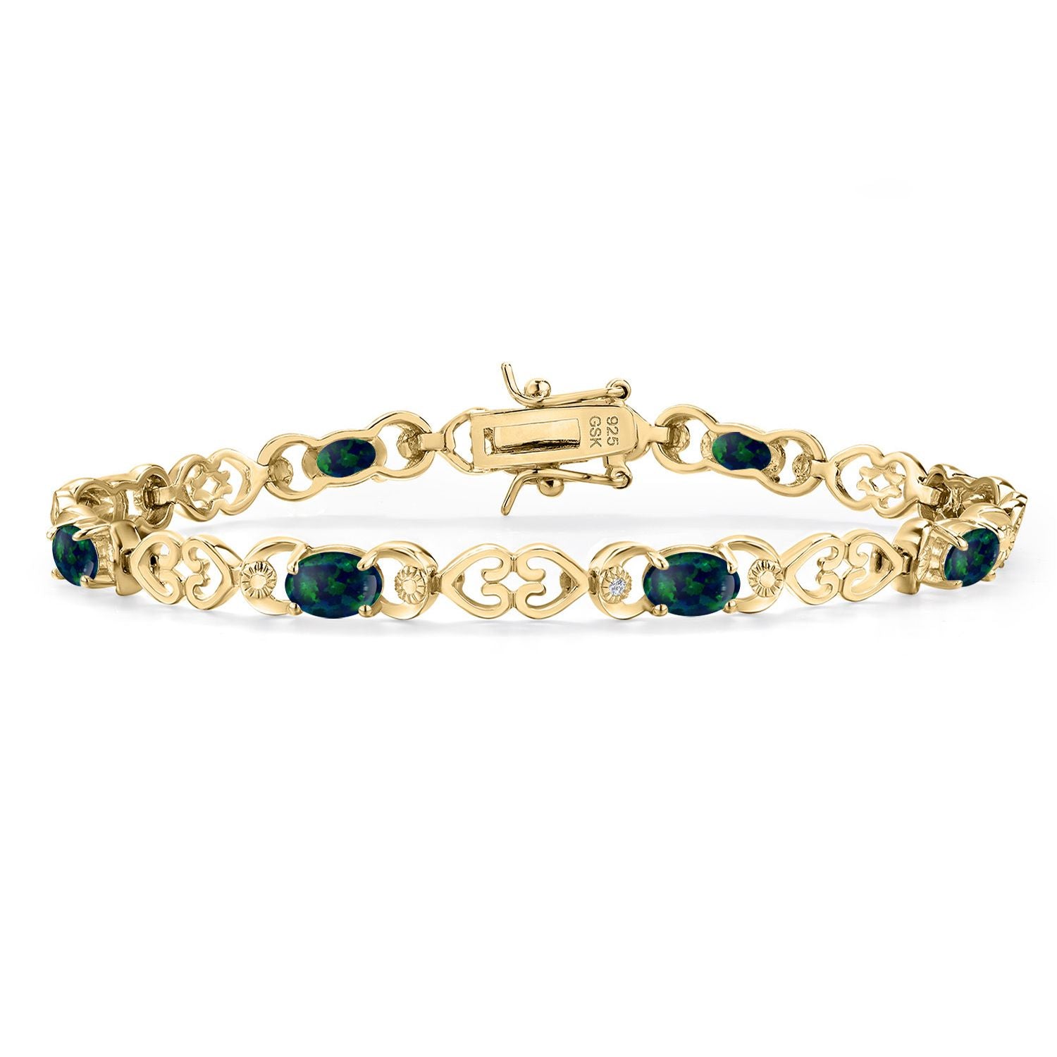 Green Simulated Opal-Cabochon - October_Bracelet in 925 Yellow Gold Plated Silver