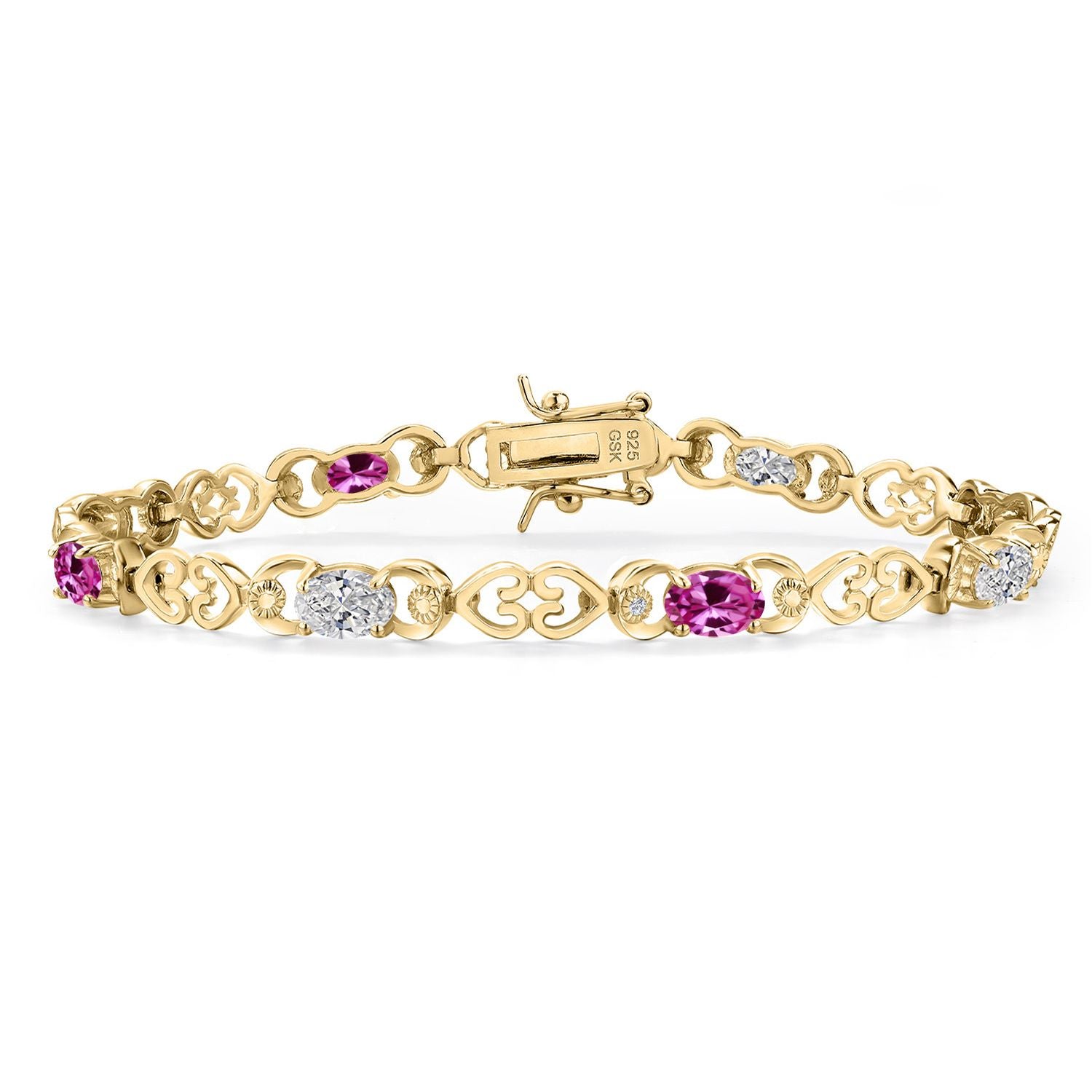 Pink Created Sapphire - September_Bracelet in 925 Yellow Gold Plated Silver