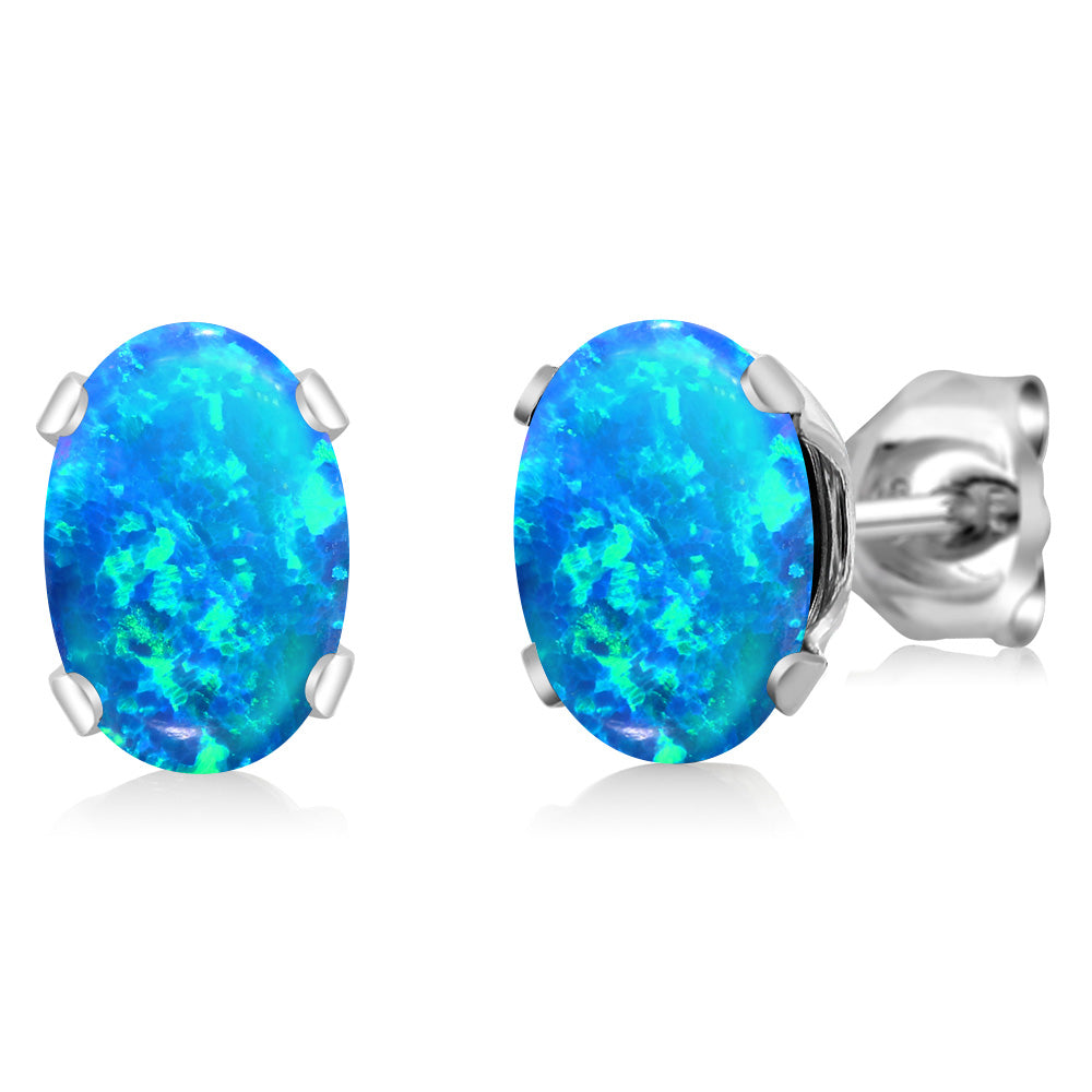 Blue Simulated Opal-Cabochon - October_Earrings in 925 Sterling Silver