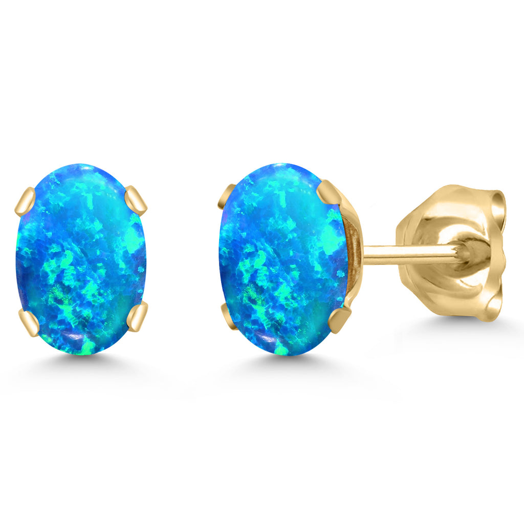 Blue Simulated Opal_Earrings in 925 Yellow Gold Plated Silver