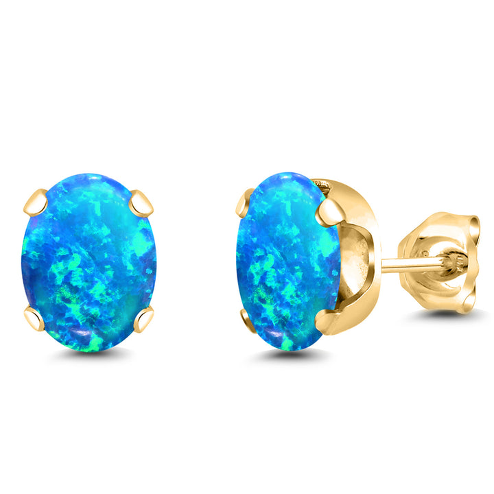 Blue Simulated Opal-Cabochon - October_Earrings in 925 Yellow Gold Plated Silver