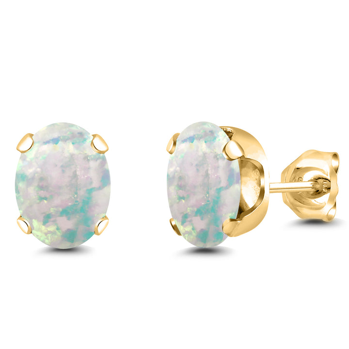White Simulated Opal-Cabochon - October_Earrings in 925 Yellow Gold Plated Silver