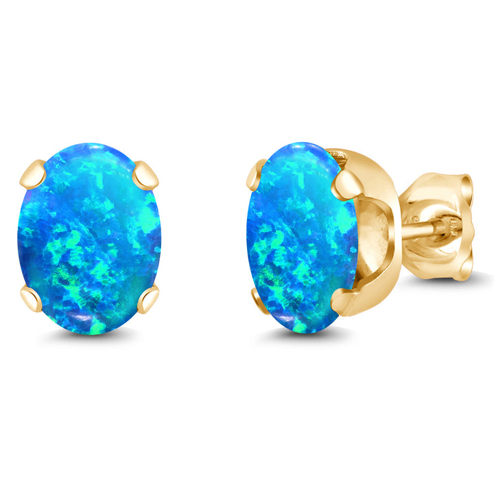 Blue Simulated Opal-Cabochon - October_Earrings in 925 Yellow Gold Plated Silver