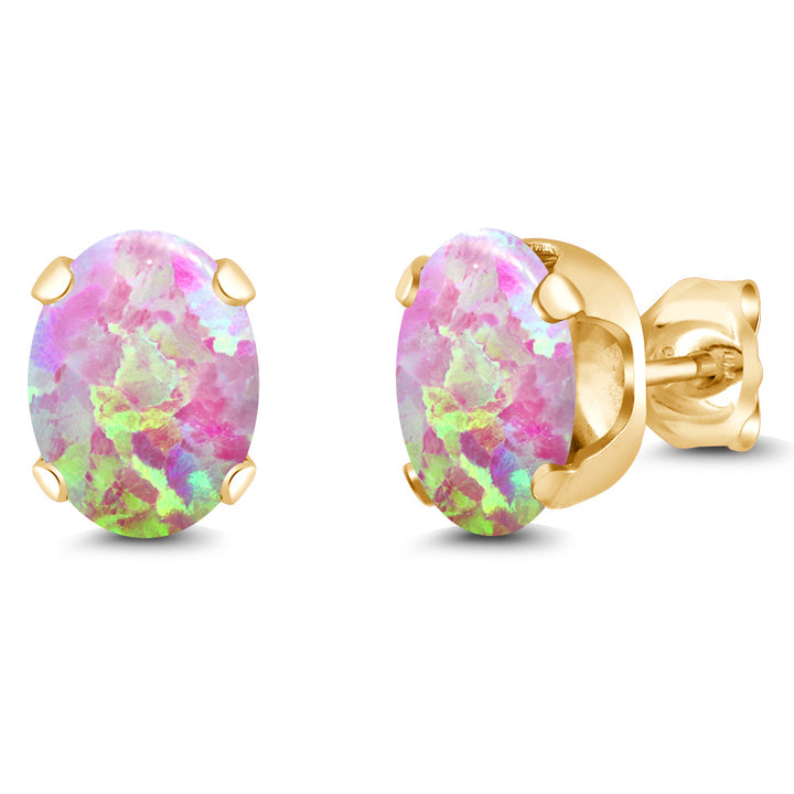 Pink Simulated Opal-Cabochon - October_Earrings in 925 Yellow Gold Plated Silver