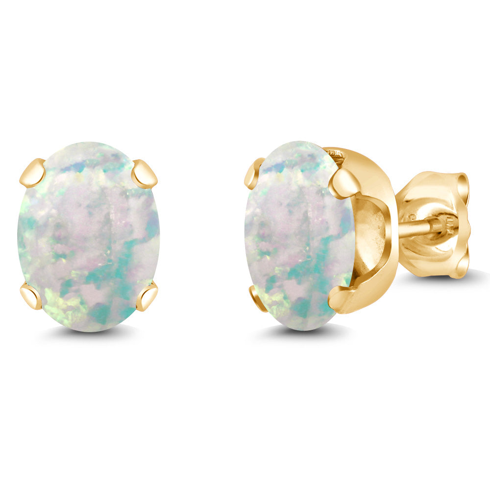 White Simulated Opal-Cabochon - October_Earrings in 925 Yellow Gold Plated Silver