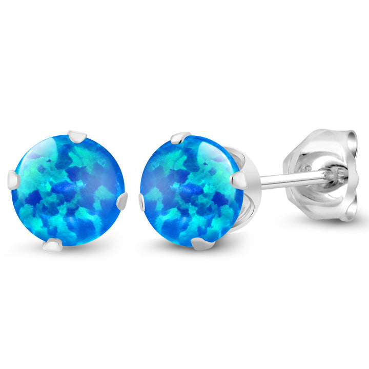 Blue Simulated Opal-Cabochon - October_Earrings in 925 Sterling Silver