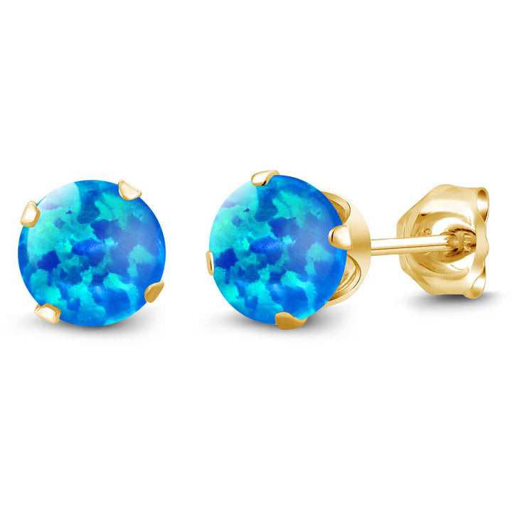 Blue Simulated Opal-Cabochon - October_Earrings in 925 Yellow Gold Plated Silver