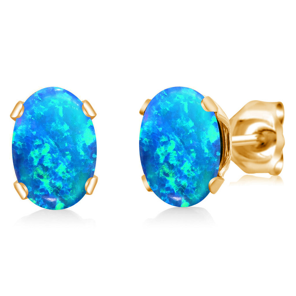 Blue Simulated Opal-Cabochon - October_Earrings in yellow gold plated brass