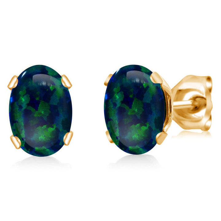 Green Simulated Opal-Cabochon - October_Earrings in yellow gold plated brass