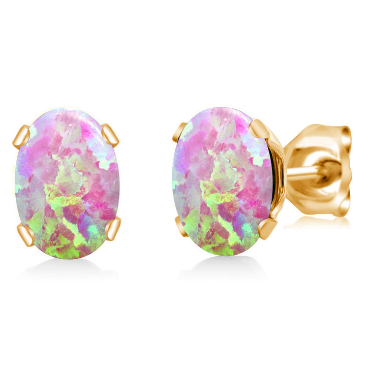 Pink Simulated Opal-Cabochon - October_Earrings in yellow gold plated brass