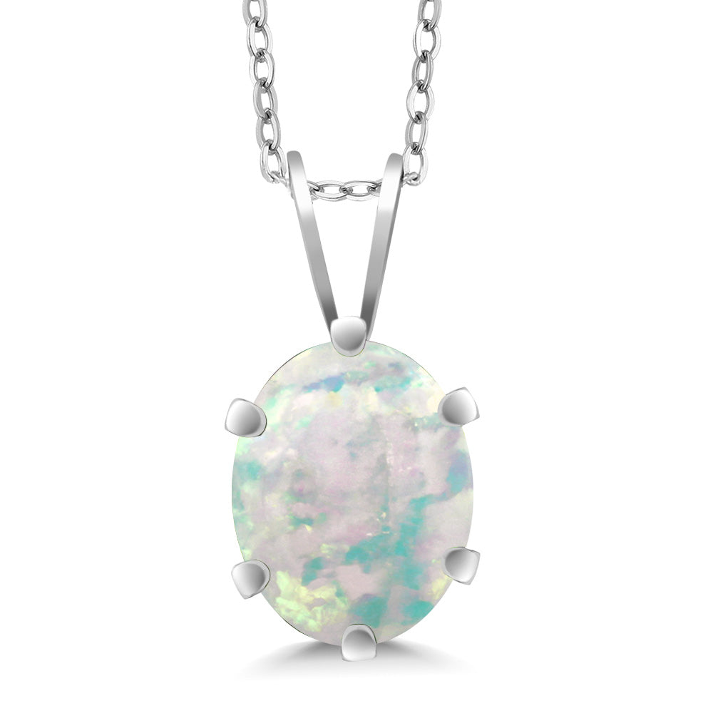 White Simulated Opal-Cabochon - October_Pendant in 925 Sterling Silver
