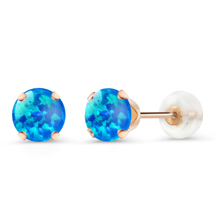Blue Simulated Opal-Cabochon - October_Earrings in 10K Rose Gold