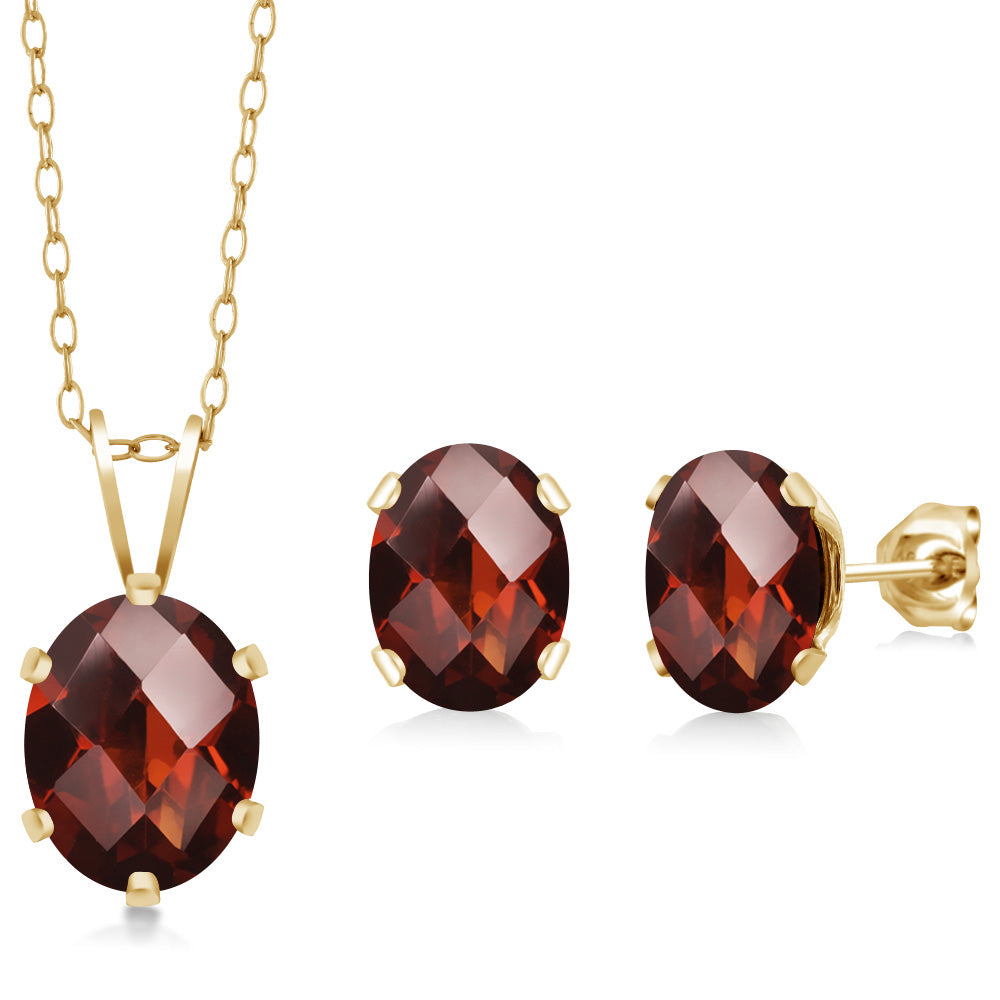 Red Garnet - Checkerboard -  January_Pendant Earrings Set in 925 Yellow Gold Plated Silver