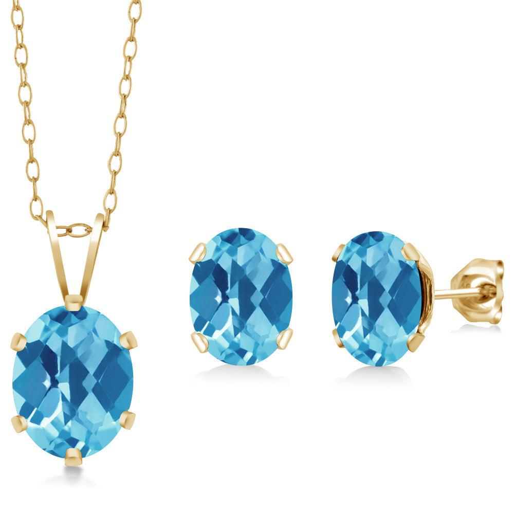 Swiss Blue Topaz - Checkerboard - November_Pendant Earrings Set in 925 Yellow Gold Plated Silver