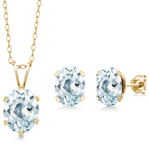 Aquamarine - March_Pendant Earrings Set in 925 Yellow Gold Plated Silver