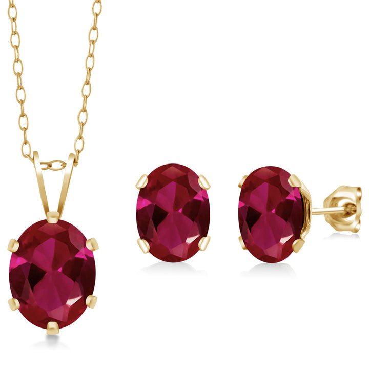 Created Ruby - July_Pendant Earrings Set in 925 Yellow Gold Plated Silver