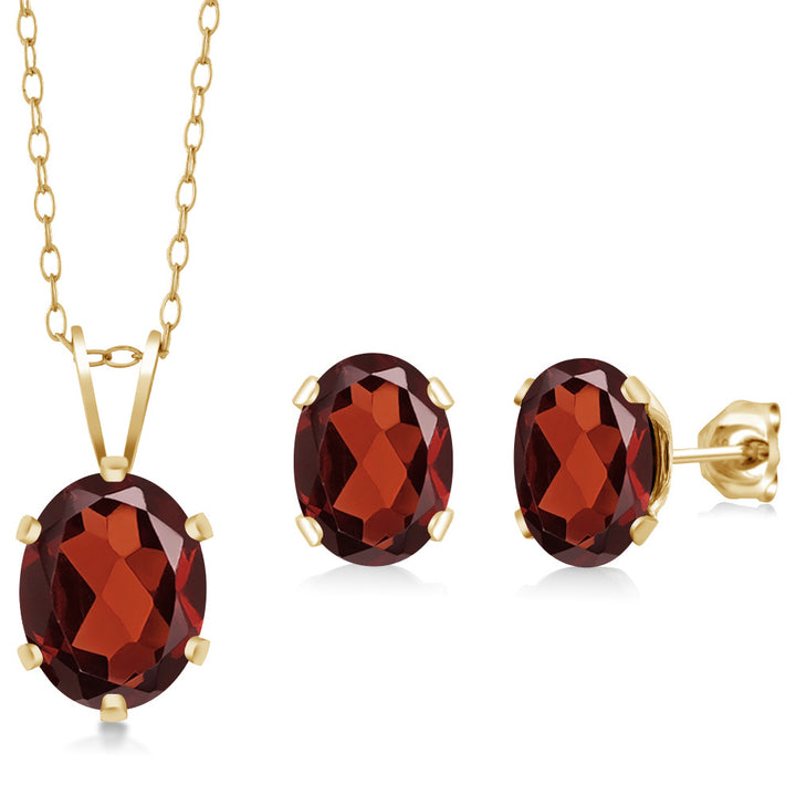 Red Garnet - January_Pendant Earrings Set in 925 Yellow Gold Plated Silver