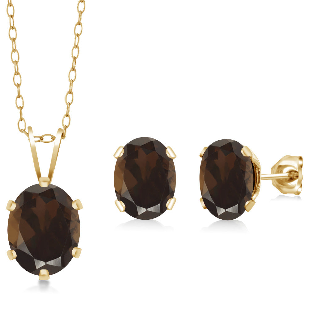 Smoky Quartz_Pendant Earrings Set in 925 Yellow Gold Plated Silver