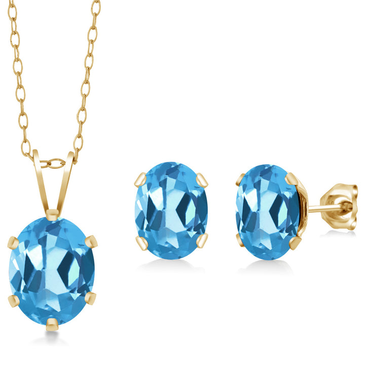 Swiss Blue Topaz - November_Pendant Earrings Set in 925 Yellow Gold Plated Silver