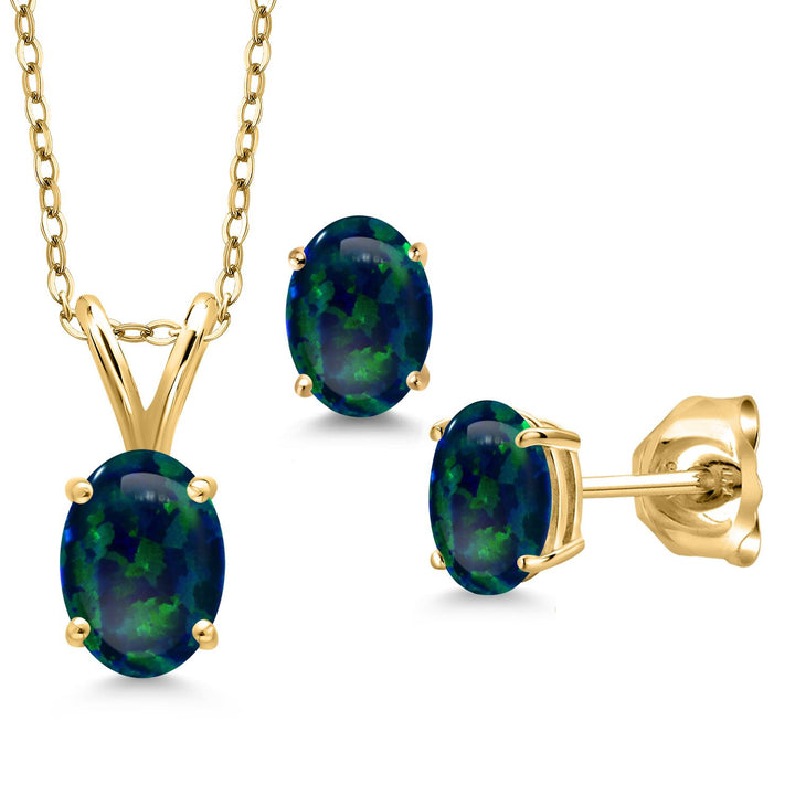 Green Simulated Opal - October_Pendant Earrings Set in 925 Yellow Gold Plated Silver