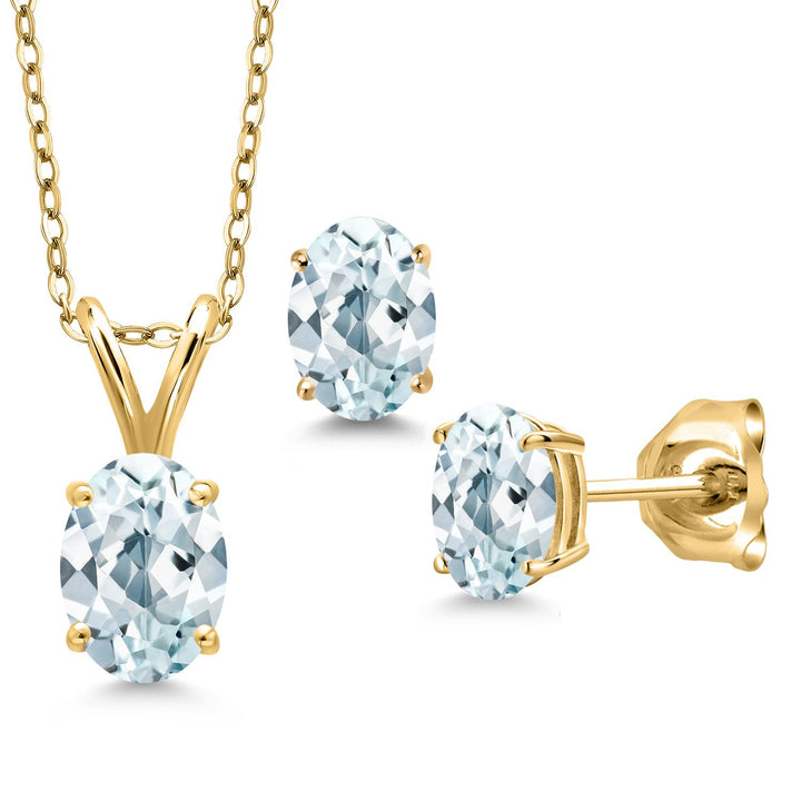 Aquamarine - March_Pendant Earrings Set in 925 Yellow Gold Plated Silver