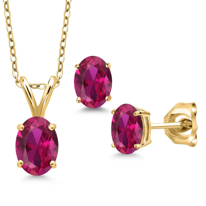 Created Ruby - July_Pendant Earrings Set in 925 Yellow Gold Plated Silver