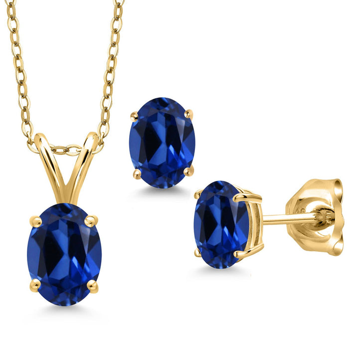 Blue Created Sapphire - September_Pendant Earrings Set in 925 Yellow Gold Plated Silver