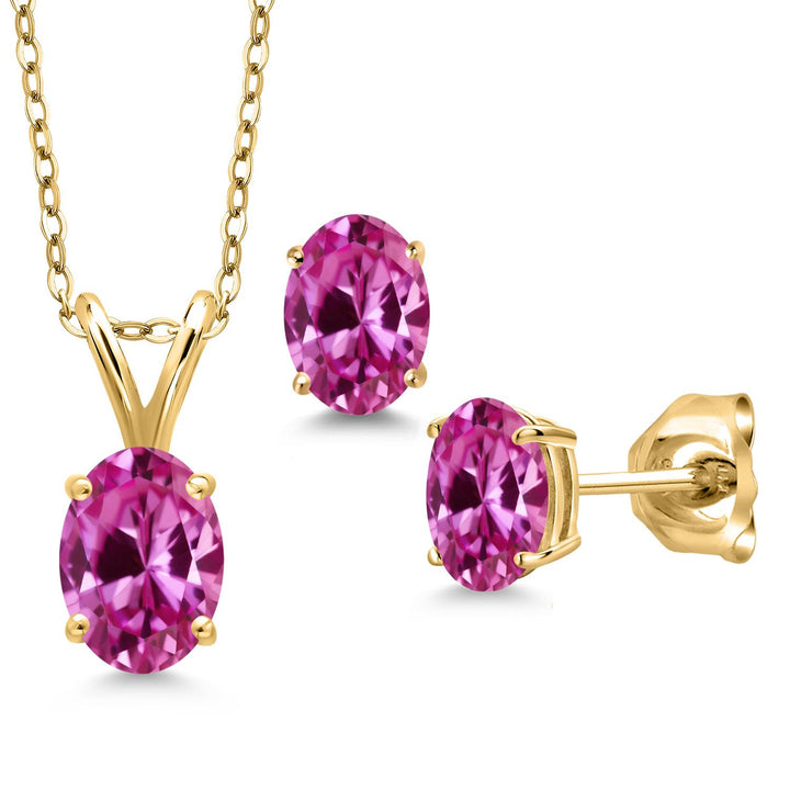 Pink Created Sapphire - September_Pendant Earrings Set in 925 Yellow Gold Plated Silver