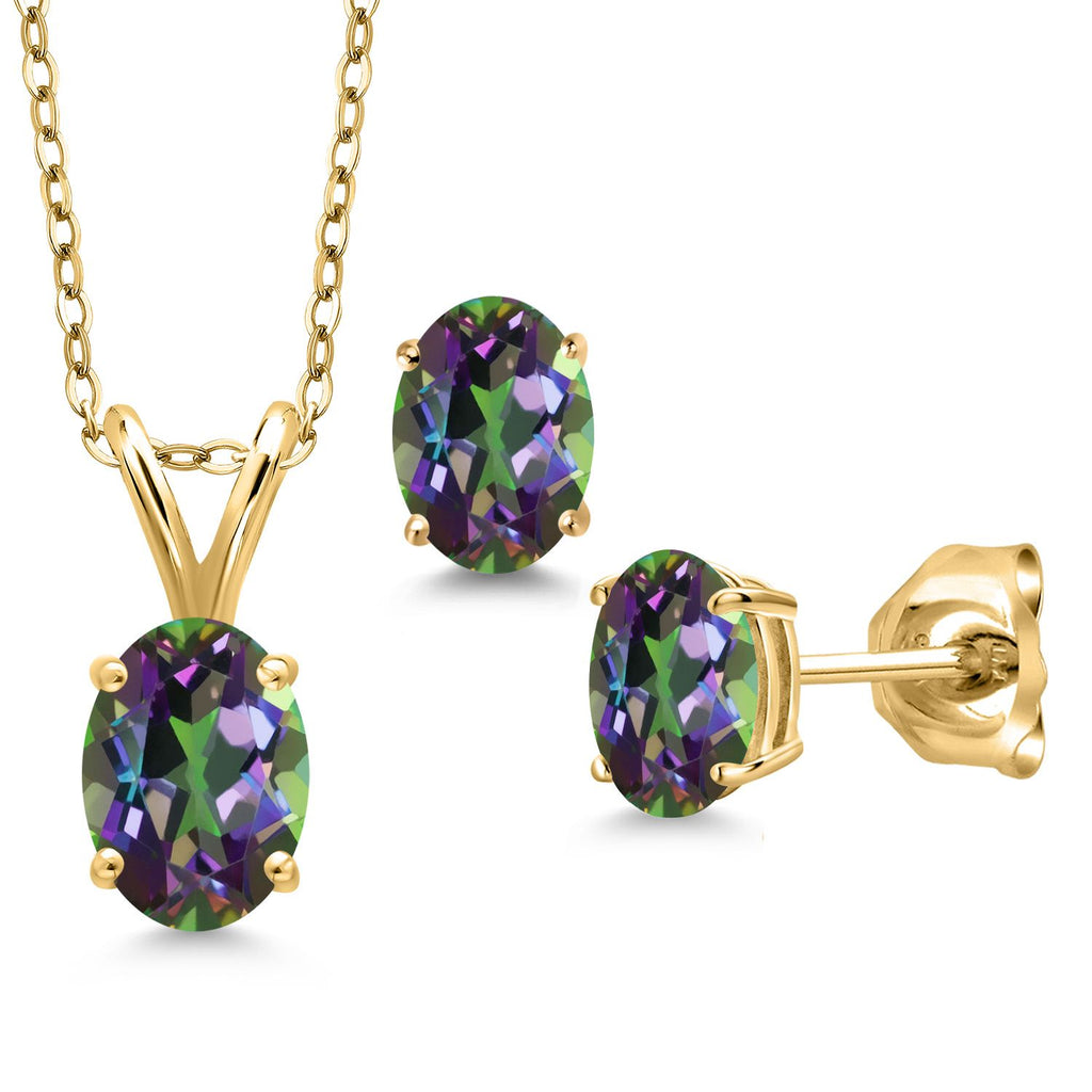 Gem Stone King 18K Yellow Gold Plated Silver Gemstone Birthstone Pendant Earrings Set for Women | Oval 7X5MM and 6X4MM | 18 Inch Chain | Jewelry Gift for Her Mom Wife