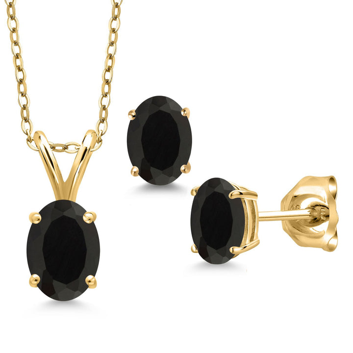 Onyx - December_Pendant Earrings Set in 925 Yellow Gold Plated Silver