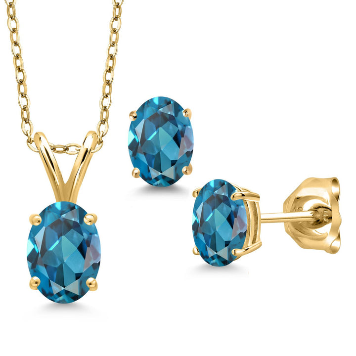 London Blue Topaz - November_Pendant Earrings Set in 925 Yellow Gold Plated Silver