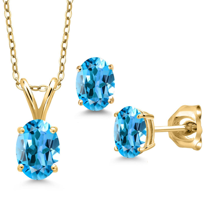 Swiss Blue Topaz - November_Pendant Earrings Set in 925 Yellow Gold Plated Silver