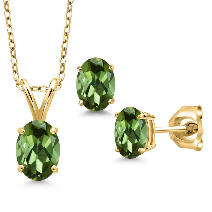 Green Tourmaline - October_Pendant Earrings Set in 925 Yellow Gold Plated Silver