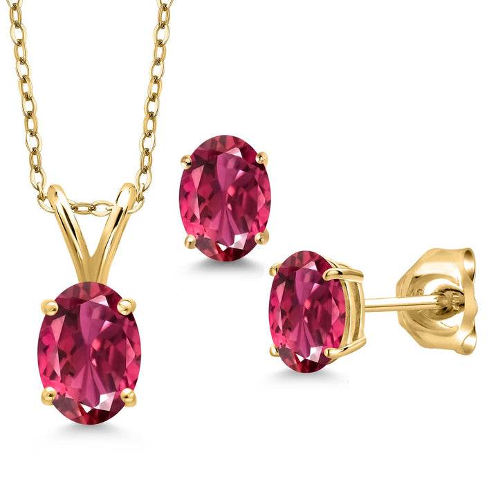 Pink Tourmaline - October_Pendant Earrings Set in 925 Yellow Gold Plated Silver